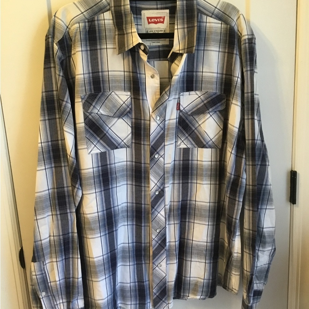 Levi's Men's Western Pearl Snaps Blue and White Plaid Shirt Size XL